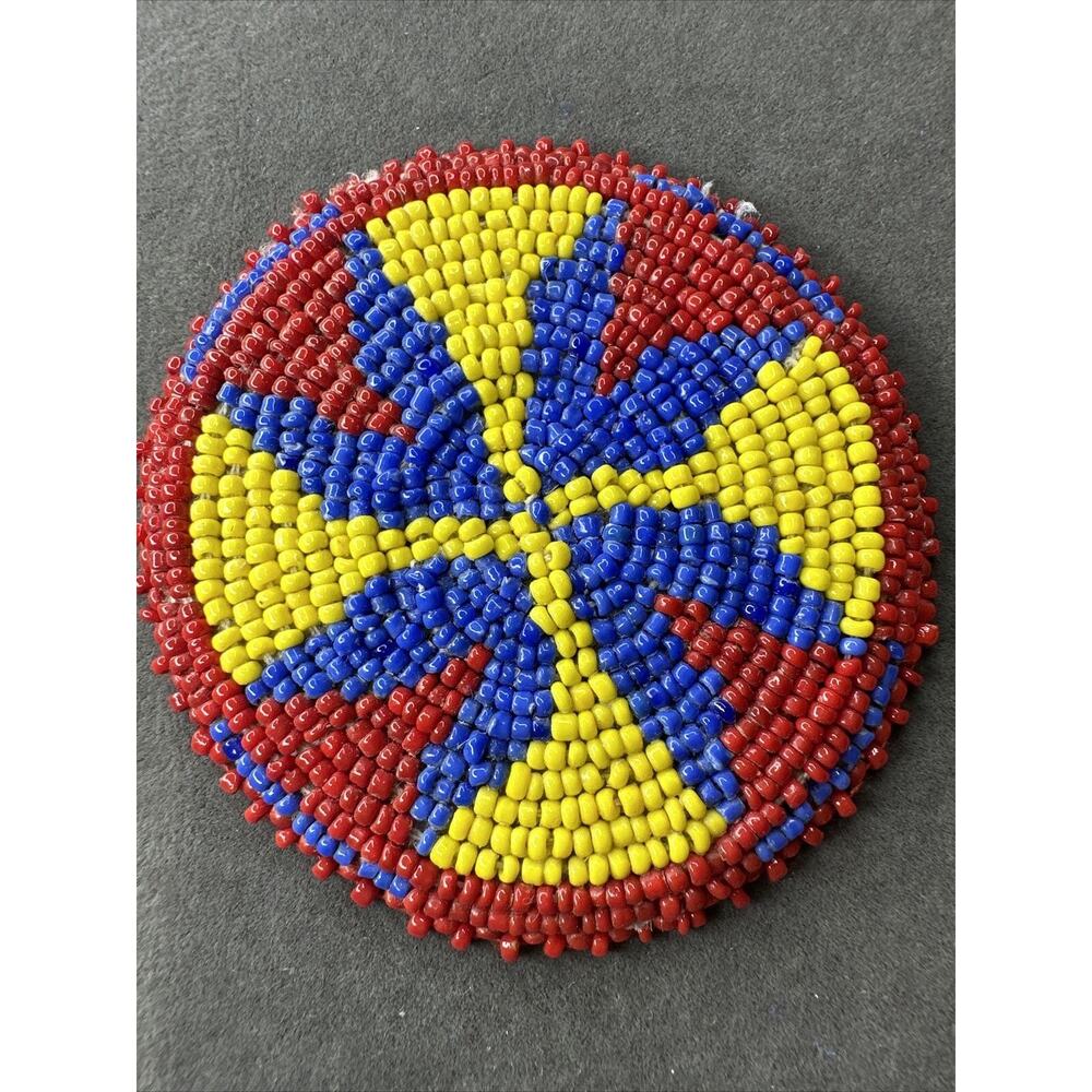Native American Seed Bead handmade beadwork patch art navy blue,red,yellow 3”
